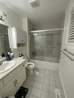 a bathroom with a shower and a toilet and a sink at Spruce Lodge in London