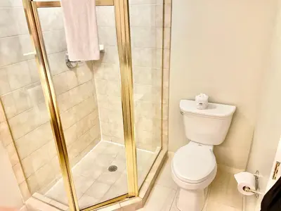 a bathroom with a shower and a toilet at Hillside Haven: Carriage Club Resort Retreat in Edgar