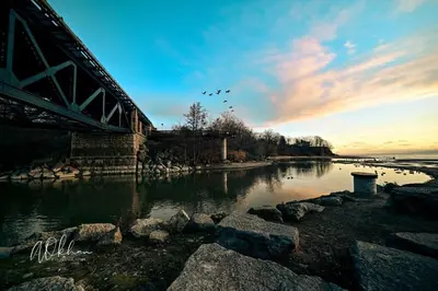 a bridge over a river with birds flying over it at Stylish 2BR: w/free parking & streaming! in Pickering