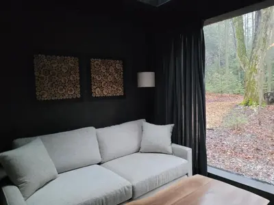 a living room with a couch and a window at Black Pine Tree House in Acton