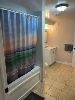 a bathroom with a shower curtain and a toilet at 2 bedroom basement with parking in Richmond Hill
