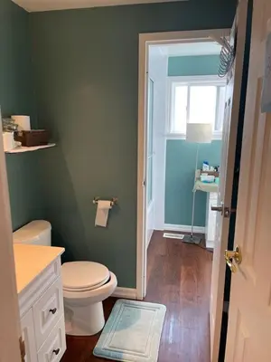 a green bathroom with a toilet and a window at Comfortable Stay In Beautiful Home in Milton