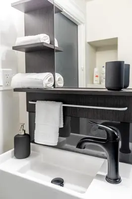 a bathroom with a sink and a mirror over a sink at Modern Apartment in a Trendy Neighbourhood in Hamilton
