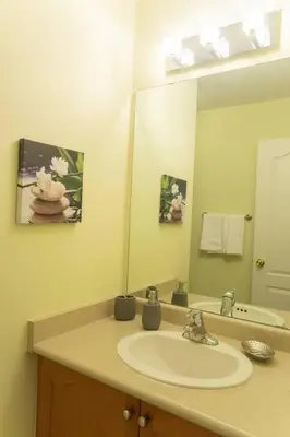 a bathroom with a sink and a mirror at Main Floor Luxury Apartment in Vaughan