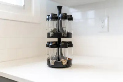 a kitchen counter with a black container filled with food at 2br, Welland Canal, Near Merritt, 20 Min To Falls in Welland