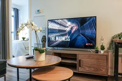 a living room with a large flat screen tv at The Snug 1plus1 Suite with Free Parking in Toronto