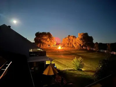 a view of a field with trees at night at Mountain Ash Country Manor and Spa in Creemore