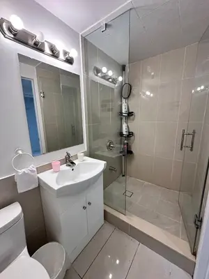 a bathroom with a shower and a sink and a toilet at Riverwood Home in Mississauga