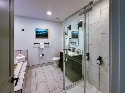 a bathroom with a glass shower and a toilet at Greenview Retreat in Collingwood