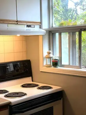 a kitchen with a stove and two windows at Superb Spacious Loft Old Toronto near Distillery District in Toronto