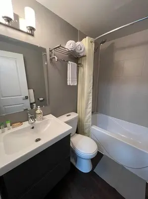 a bathroom with a sink and a toilet and a tub at Rustic Elegance & Style 1BR in London