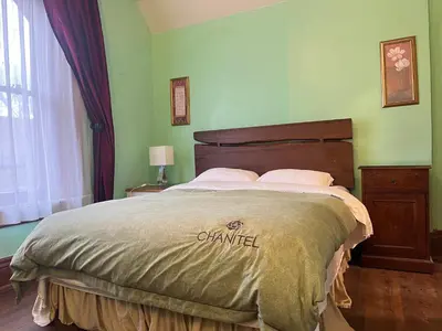 a large bed in a bedroom with green walls at THE RED dragon in Niagara Falls