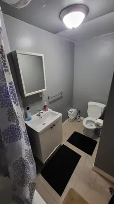 a bathroom with a white sink and a toilet at Newly Furnished Modern Apartment in Welland