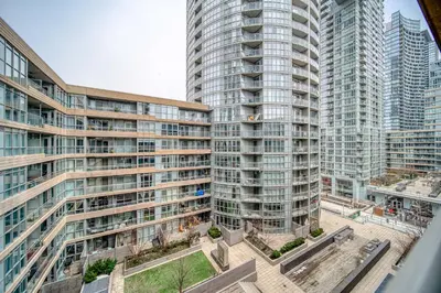 an aerial view of tall buildings in a city at Stylish Downtown Toronto Suite with Free Parking in Toronto