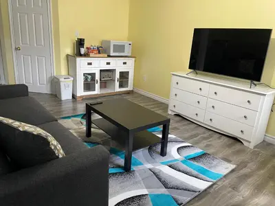 a living room with a couch and a tv at Private Suite in Niagara Falls in Niagara Falls