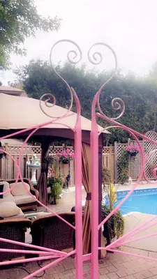 a pink canopy bed next to a swimming pool at Queen’s Gate Ecstasy Home in Brampton