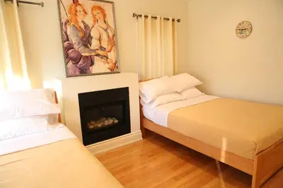 a bedroom with two beds and a fireplace at Xiao Wang in Toronto