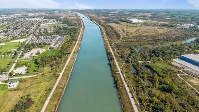 an aerial view of a river in a city at The Garden Retreat in Welland, On - 1BR,Free Parking and Workspace in Welland
