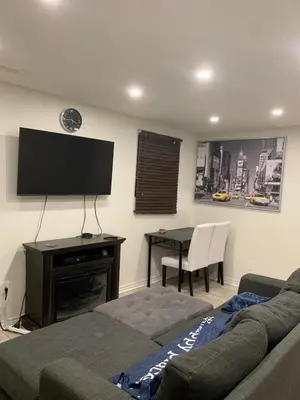 a living room with a couch and a flat screen tv at Lower Unit Entire Apartment in Cambridge