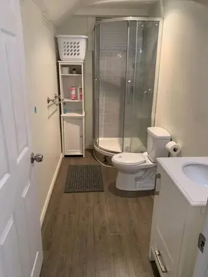 a bathroom with a shower and a toilet and a sink at Lower Unit Entire Apartment in Cambridge