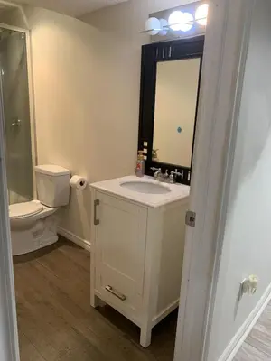 a bathroom with a sink and a toilet and a mirror at Lower Unit Entire Apartment in Cambridge