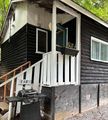 a black house with a white door and a window at Lakefront Hideaway Resort 10 Total cabins-Lake View, Private Beach in Kawartha Lakes