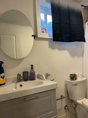 a bathroom with a sink and a mirror and a toilet at cozy private guest suite in Richmond Hill