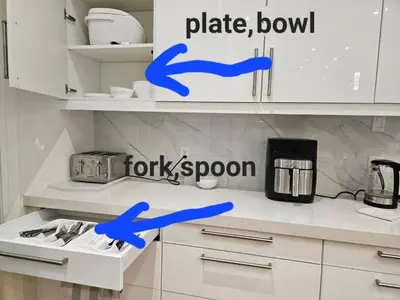 a kitchen with white cabinets with blue arrows on it at Comfortable Room in Toronto next to Yorkdale mall in Toronto
