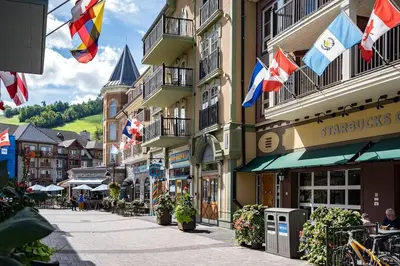 a street in a town with flags hanging from buildings at Mountainside Retreat in Blue Mountains