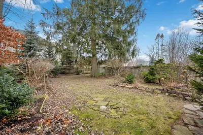 a yard with a tree and a stone path at Picturesque & Serene Gem in Port Credit - Steps to Lake - Backyard in Mississauga