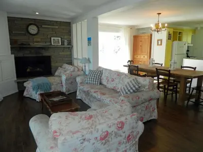a living room with couches and a table and a fireplace at Cute and Cozy Lakefront Cottage in Wellington