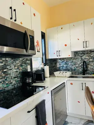 a kitchen with white cabinets and a microwave at The Grassy Oasis in Brampton