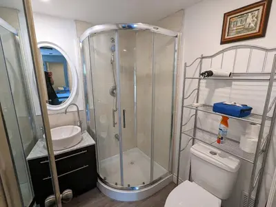 a bathroom with a shower and a toilet and a sink at Modern Tiny Wood Cottage 0 in Wasaga Beach