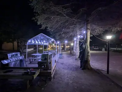 a park lit up at night with tables and a tree at Modern Tiny Wood Cottage 03 in Wasaga Beach