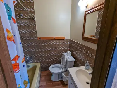 a bathroom with a toilet and a sink and a tub at Tiny Wood Cottage 07 in Wasaga Beach