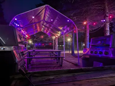 a picnic table with purple lights next to a grill at Tiny Wood Cottage 10 in Wasaga Beach