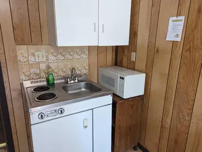 a small kitchen with a sink and a microwave at Tiny Wood Cottage 14 in Wasaga Beach