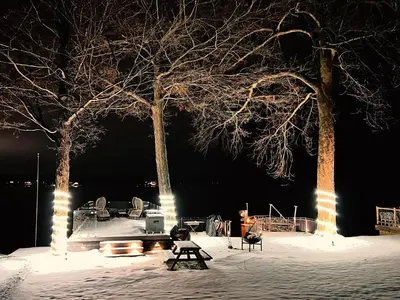 a park with benches and trees in the snow at night at Charming Cottage on Lake Simcoe in Orillia