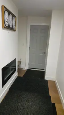 a hallway with a white door and a black rug at Forest city House -Rooms in a family style in London