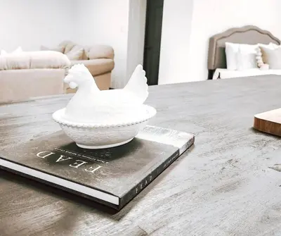 a white bird bowl sitting on top of a book at Cellar Suite at Winery and Vineyard in Waterford