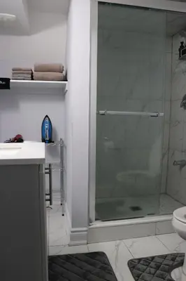 a bathroom with a glass shower and a toilet at Garden 2 BR Apt - Free Parking Wifi Laundry Workstation in Brampton