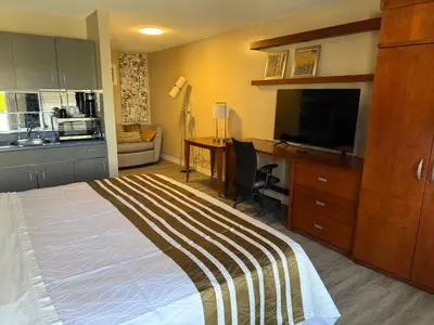 a bedroom with a bed and a desk and a television at Princess Motel in Bobcaygeon