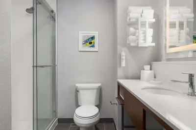 a bathroom with a toilet and a glass shower at Hampton Inn & Suites Orangeville, On in Orangeville