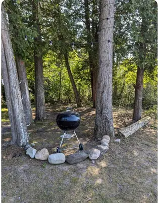 a bbq grill in the middle of a forest at Cottage on Private Beach in Penetanguishene