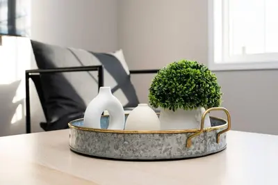 a tray with vases and a plant on a table at Spacious Family Getaway Near Nature & Dining in Cambridge
