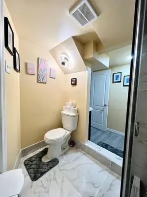 a bathroom with a toilet and a walk in shower at Private Room Near Airport K9 in Mississauga