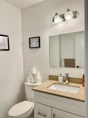 a bathroom with a toilet and a sink and a mirror at Private Room Near Airport K8 in Mississauga