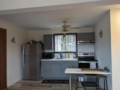 a kitchen with a stainless steel refrigerator and a table at Peaceful and Heavenly Private Water Front Cottage on 100 Acres of Scenic Beauty- Trent Lakes in Kinmount