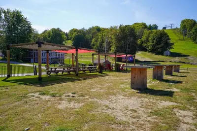 a group of picnic tables in a park at Stunning Condo with Access to Pool in Shanty Bay