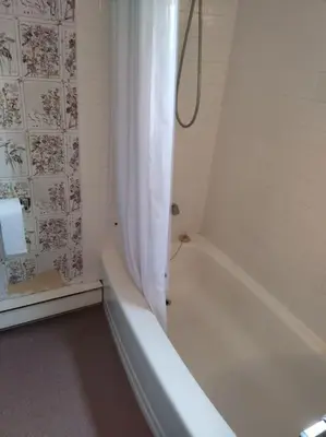 a bathroom with a tub and a shower curtain at Cottage on the Pond in Millbrook